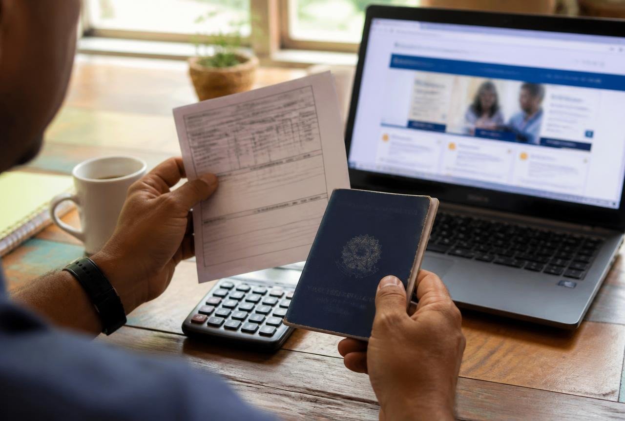 Trabalhador conferindo holerite ao lado da Carteira de Trabalho azul, calculadora e notebook aberto em portal de serviços do governo